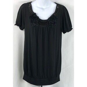 NWT Rachael & Chloe BabyDoll Long Top M Blk Floral Rosettes Sequins whimsigoth